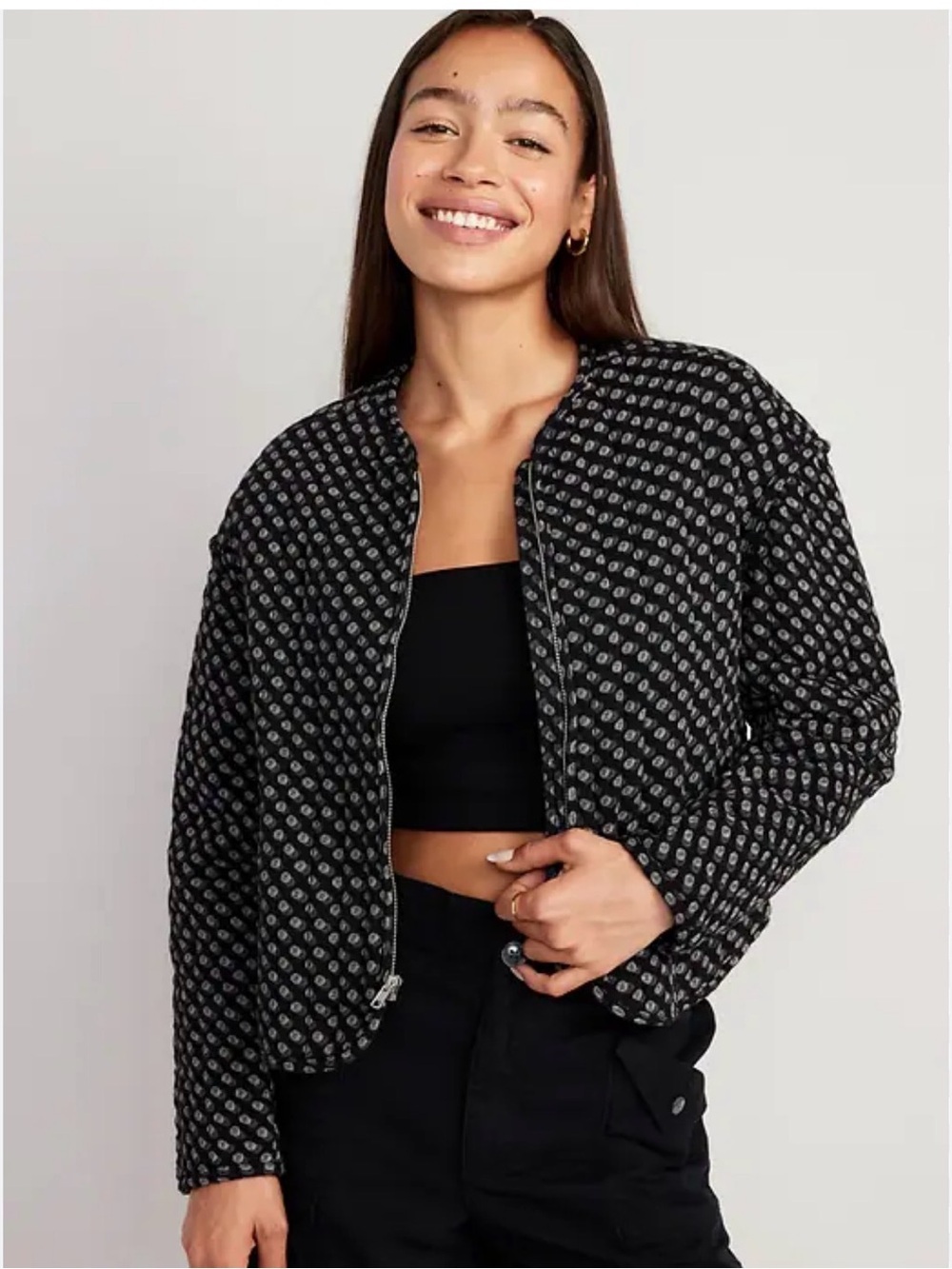 Old Navy Black Oversized Quilted Bomber Jacket streetwear layers baggy city